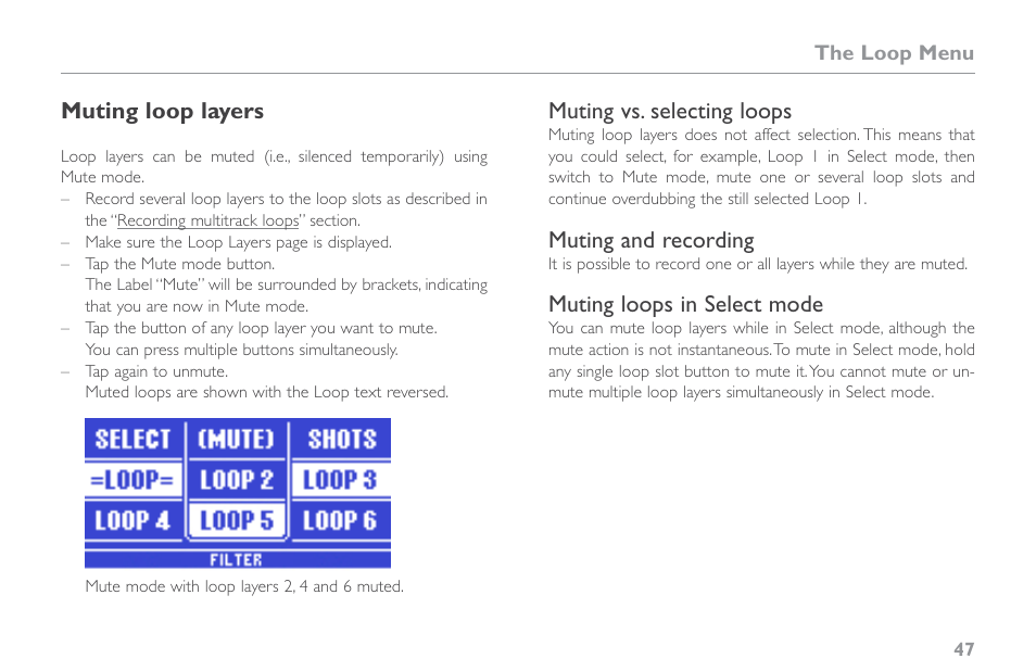 Muting loop layers, Muting vs. selecting loops, Muting and recording | Muting loops in select mode | TC-Helicon VoiceLive Touch 2 Reference Manual User Manual | Page 53 / 98