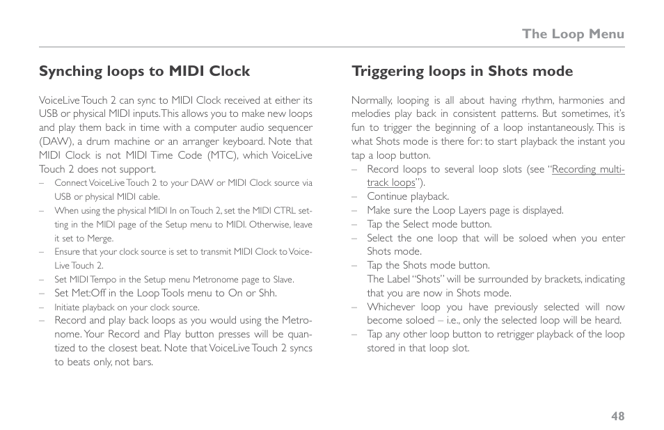 Synching loops to midi clock, Triggering loops in shots mode, The loop menu | TC-Helicon VoiceLive Touch 2 Reference Manual User Manual | Page 54 / 98