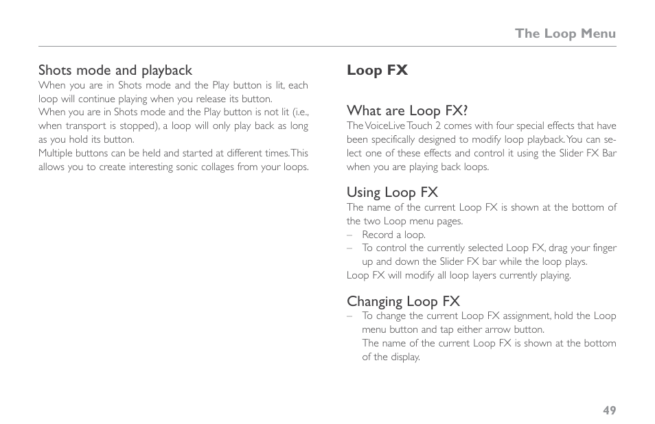 Shots mode and playback, Loop fx, What are loop fx | Using loop fx, Changing loop fx | TC-Helicon VoiceLive Touch 2 Reference Manual User Manual | Page 55 / 98