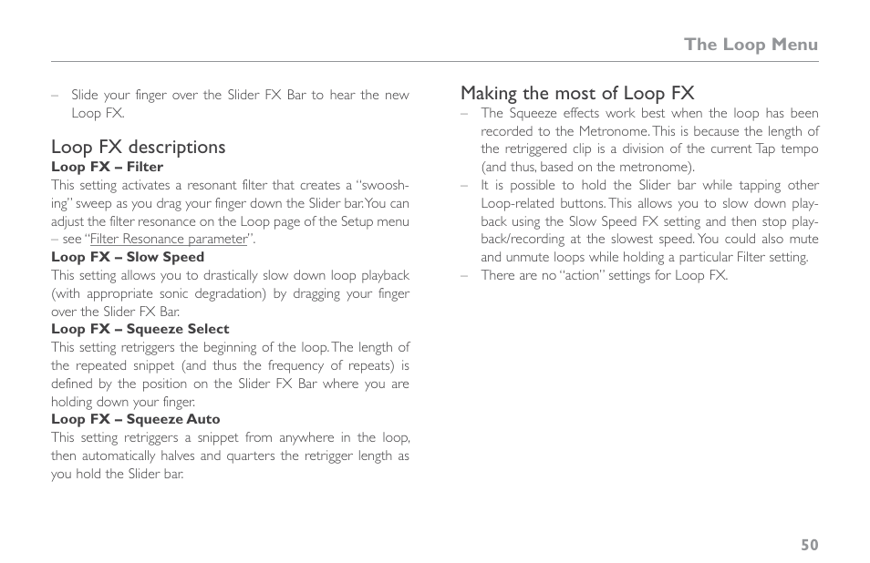 Loop fx descriptions, Making the most of loop fx | TC-Helicon VoiceLive Touch 2 Reference Manual User Manual | Page 56 / 98