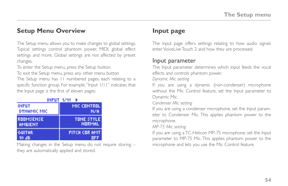 Setup menu overview, Input parameter | TC-Helicon VoiceLive Touch 2 Reference Manual User Manual | Page 60 / 98