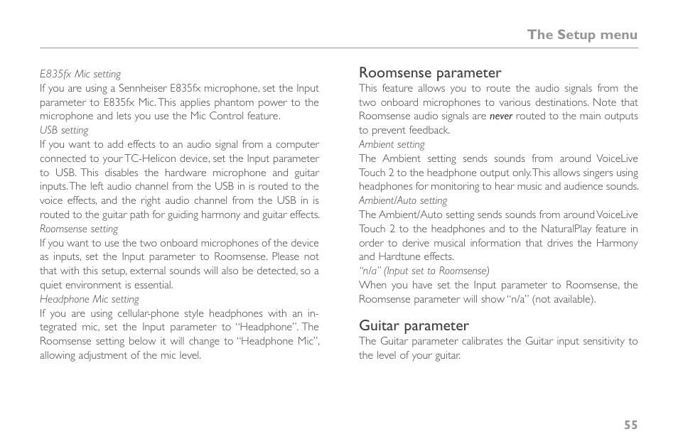 Roomsense parameter, Guitar parameter | TC-Helicon VoiceLive Touch 2 Reference Manual User Manual | Page 61 / 98