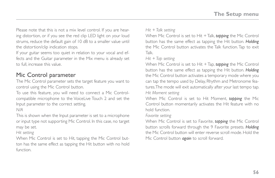 Mic control parameter | TC-Helicon VoiceLive Touch 2 Reference Manual User Manual | Page 62 / 98