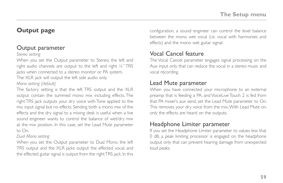 Output parameter, Vocal cancel feature, Lead mute parameter | Headphone limiter parameter | TC-Helicon VoiceLive Touch 2 Reference Manual User Manual | Page 65 / 98