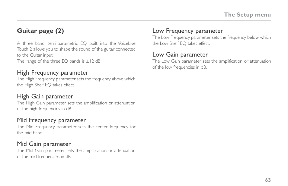 High frequency parameter, High gain parameter, Mid frequency parameter | Mid gain parameter, Low frequency parameter, Low gain parameter | TC-Helicon VoiceLive Touch 2 Reference Manual User Manual | Page 69 / 98