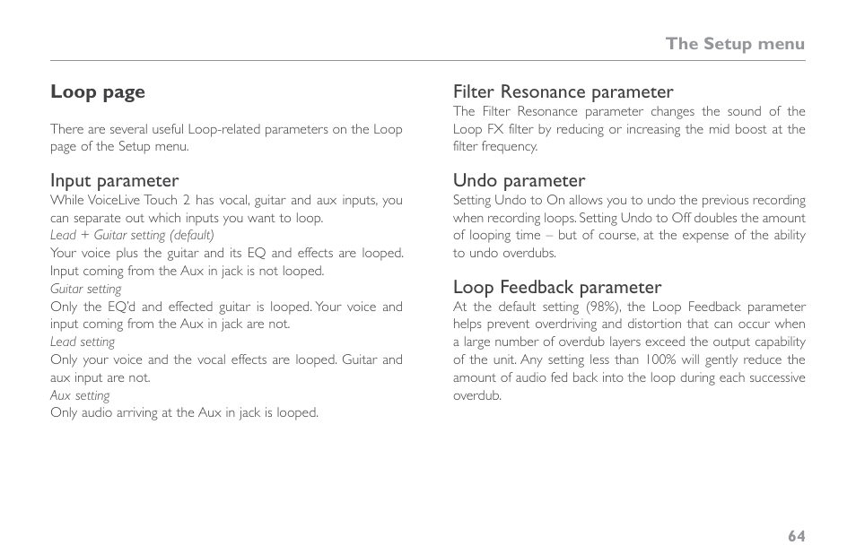 Input parameter, Filter resonance parameter, Undo parameter | Loop feedback parameter | TC-Helicon VoiceLive Touch 2 Reference Manual User Manual | Page 70 / 98