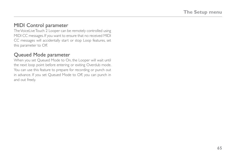 Midi control parameter, Queued mode parameter | TC-Helicon VoiceLive Touch 2 Reference Manual User Manual | Page 71 / 98