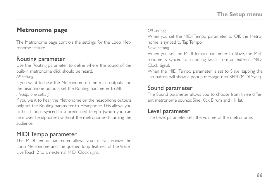 Routing parameter, Midi tempo parameter, Sound parameter | Level parameter | TC-Helicon VoiceLive Touch 2 Reference Manual User Manual | Page 72 / 98