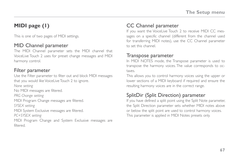 Mid channel parameter, Filter parameter, Cc channel parameter | Transpose parameter, Splitdir (split direction) parameter | TC-Helicon VoiceLive Touch 2 Reference Manual User Manual | Page 73 / 98