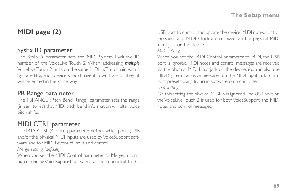 Sysex id parameter, Pb range parameter, Midi ctrl parameter | TC-Helicon VoiceLive Touch 2 Reference Manual User Manual | Page 75 / 98