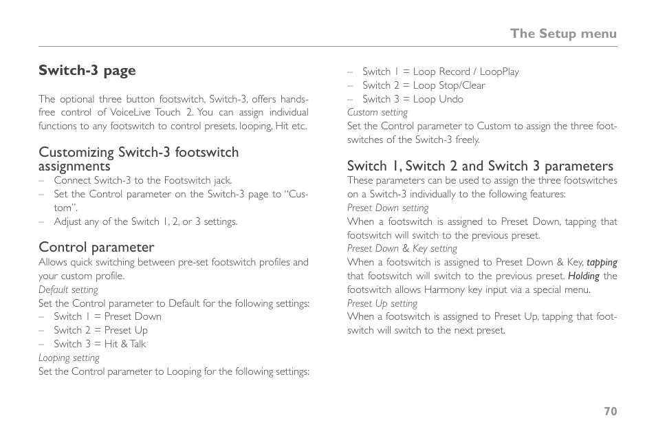 Customizing switch-3 footswitch assignments, Control parameter, Switch 1, switch 2 and switch 3 parameters | TC-Helicon VoiceLive Touch 2 Reference Manual User Manual | Page 76 / 98