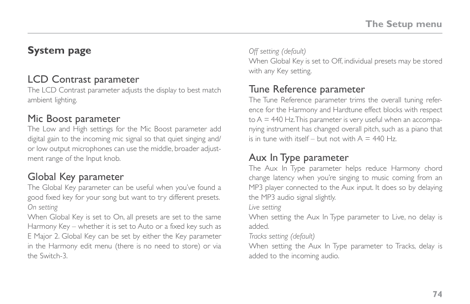 Lcd contrast parameter, Mic boost parameter, Global key parameter | Tune reference parameter, Aux in type parameter | TC-Helicon VoiceLive Touch 2 Reference Manual User Manual | Page 80 / 98