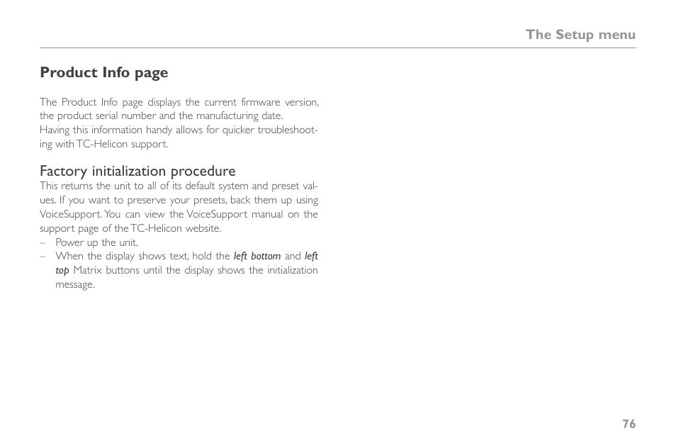 Factory initialization procedure | TC-Helicon VoiceLive Touch 2 Reference Manual User Manual | Page 82 / 98