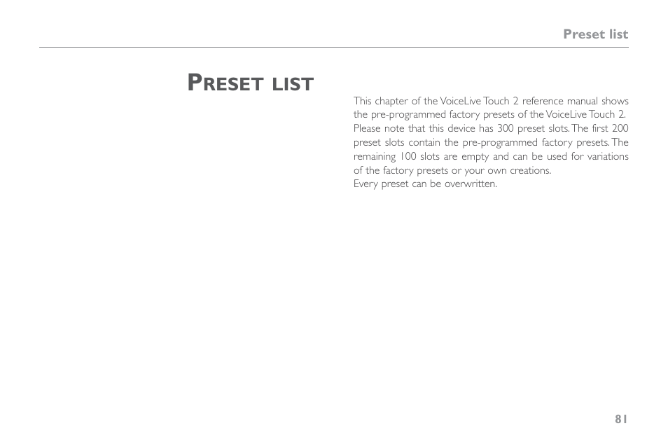 Preset list | TC-Helicon VoiceLive Touch 2 Reference Manual User Manual | Page 87 / 98
