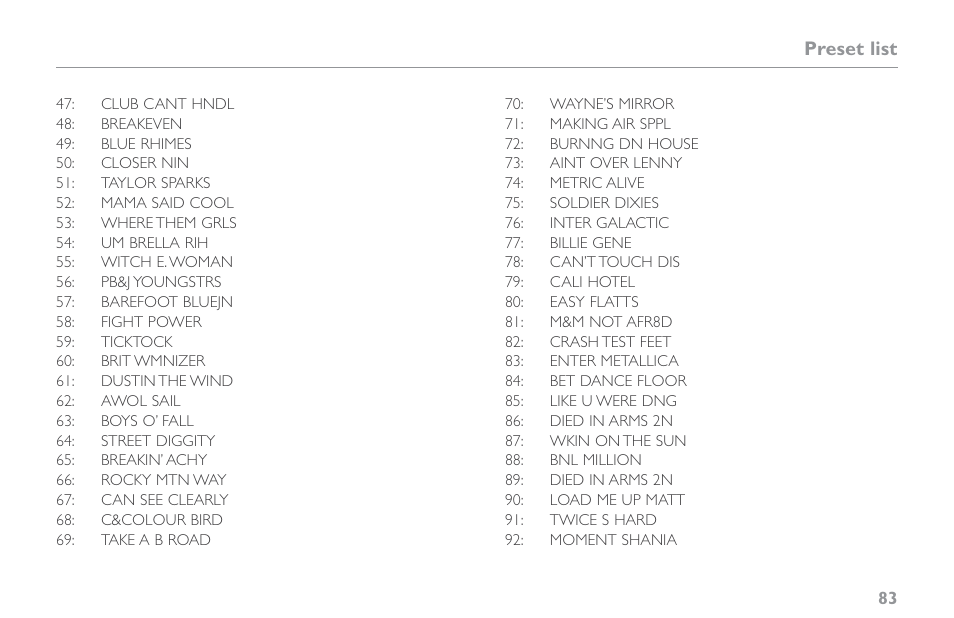 Preset list | TC-Helicon VoiceLive Touch 2 Reference Manual User Manual | Page 89 / 98