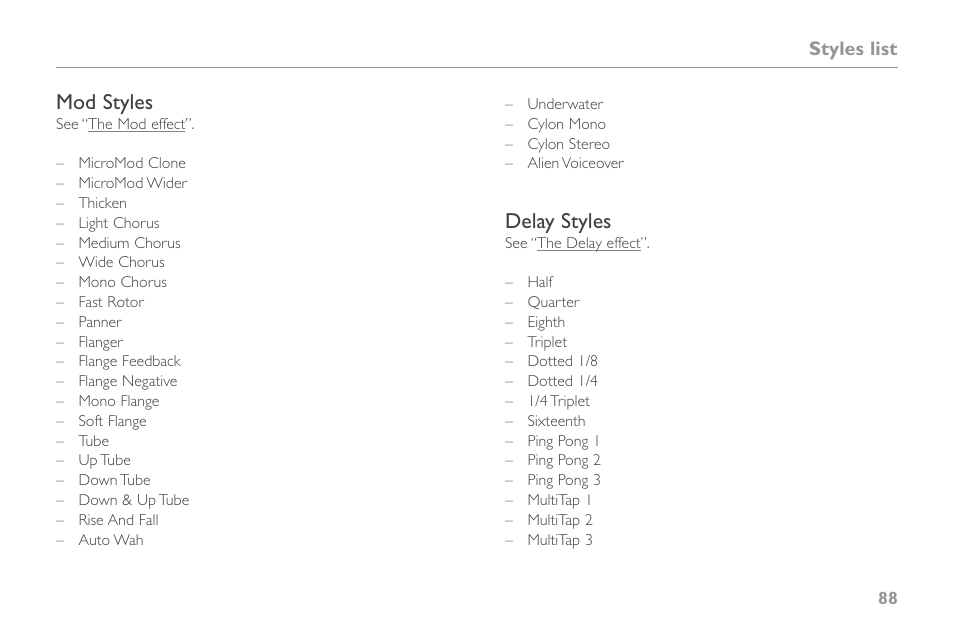 Mod styles, Delay styles | TC-Helicon VoiceLive Touch 2 Reference Manual User Manual | Page 94 / 98