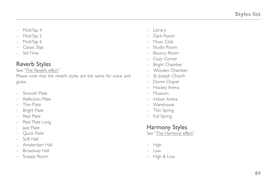 Reverb styles, Harmony styles | TC-Helicon VoiceLive Touch 2 Reference Manual User Manual | Page 95 / 98