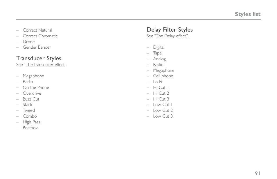 Transducer styles, Delay filter styles | TC-Helicon VoiceLive Touch 2 Reference Manual User Manual | Page 97 / 98