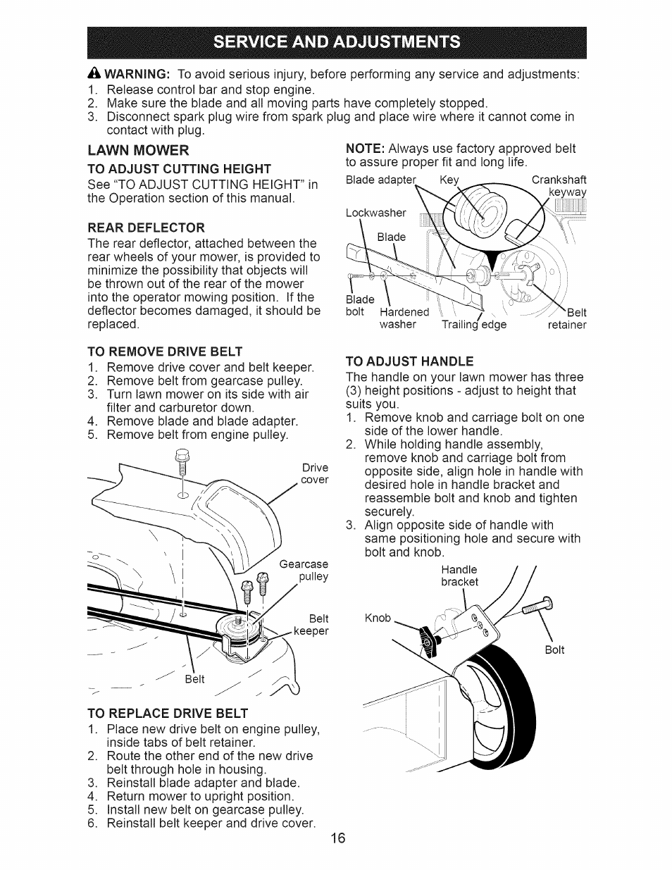 Lawn mower to adjust cutting height, Rear deflector, To remove drive belt | To replace drive belt, To adjust handle, Service and adjustments | Craftsman 917.370620 User Manual | Page 16 / 48