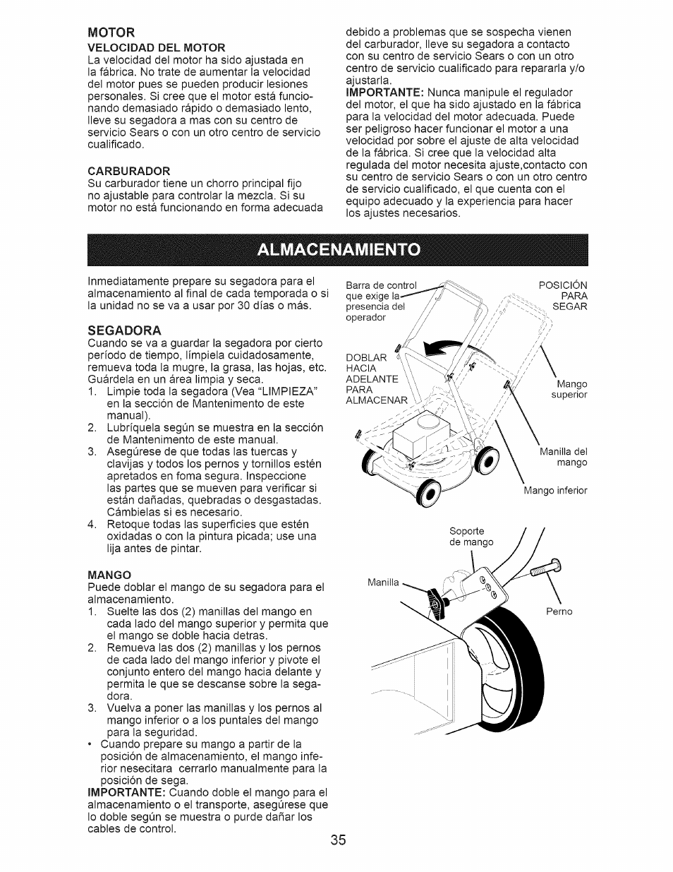 Velocidad del motor, Carburador, Mango | Almacenamiento | Craftsman 917.370620 User Manual | Page 35 / 48