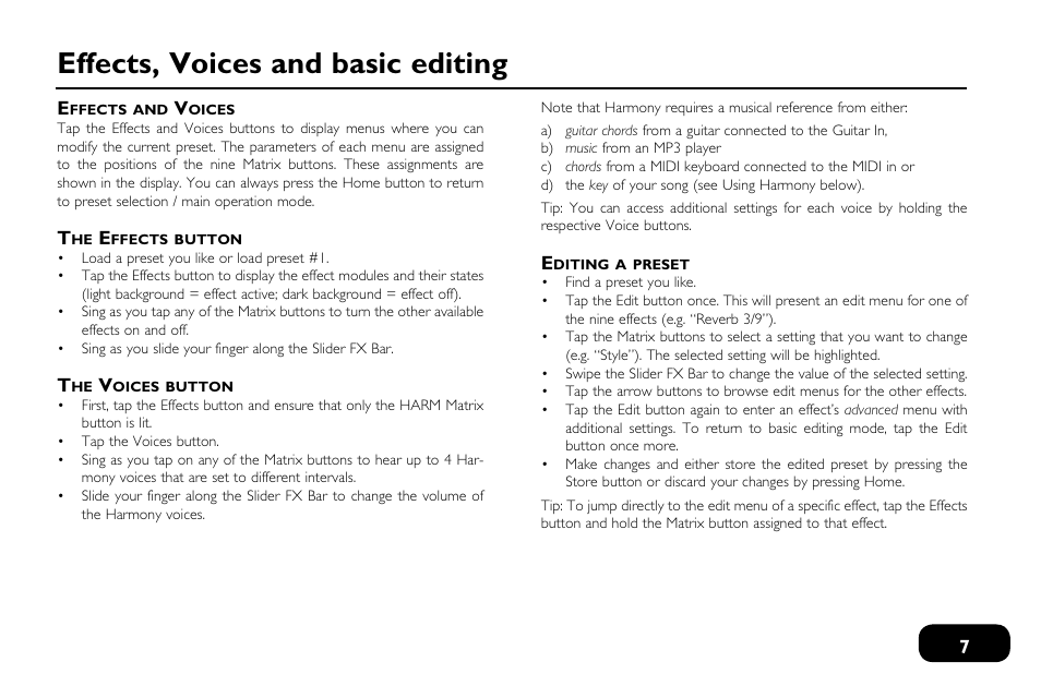 Effects and voices, The effects button, The voices button | Editing a preset, Effects, voices and basic editing | TC-Helicon VoiceLive Touch 2 Quick Guide User Manual | Page 10 / 17