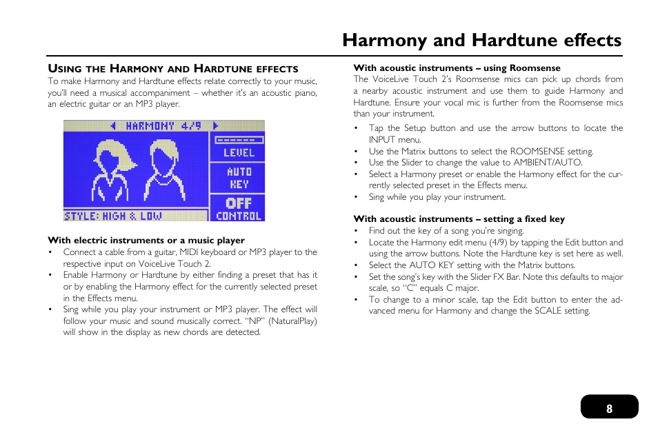 Using the harmony and hardtune effects, Harmony and hardtune effects | TC-Helicon VoiceLive Touch 2 Quick Guide User Manual | Page 11 / 17