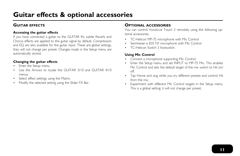 Guitar effects, Optional accessories, Guitar effects optional accessories | Guitar effects & optional accessories | TC-Helicon VoiceLive Touch 2 Quick Guide User Manual | Page 14 / 17