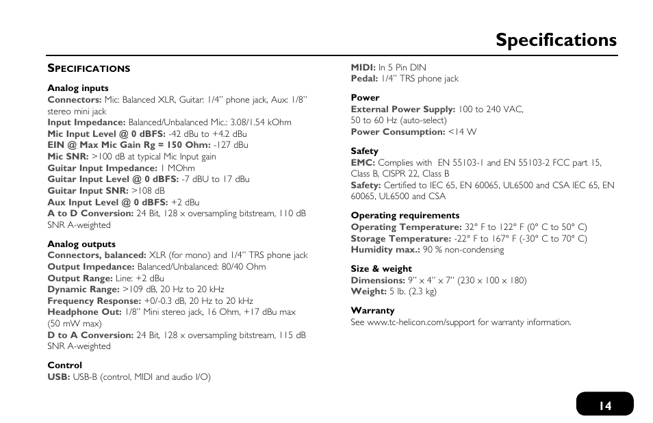 Specifications | TC-Helicon VoiceLive Touch 2 Quick Guide User Manual | Page 17 / 17