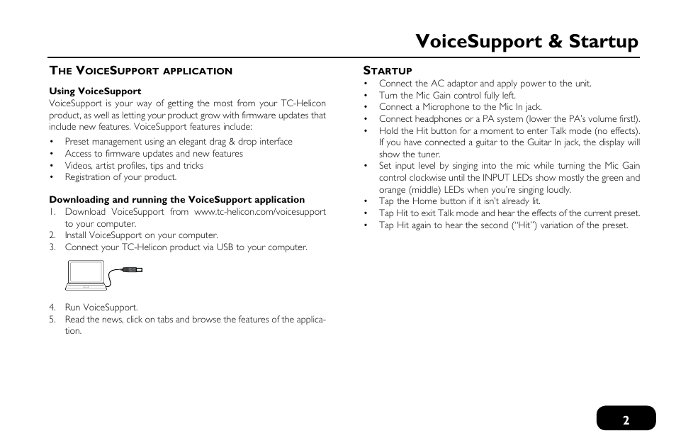 The voicesupport application, Startup, The voicesupport application startup | Voicesupport & startup | TC-Helicon VoiceLive Touch 2 Quick Guide User Manual | Page 5 / 17