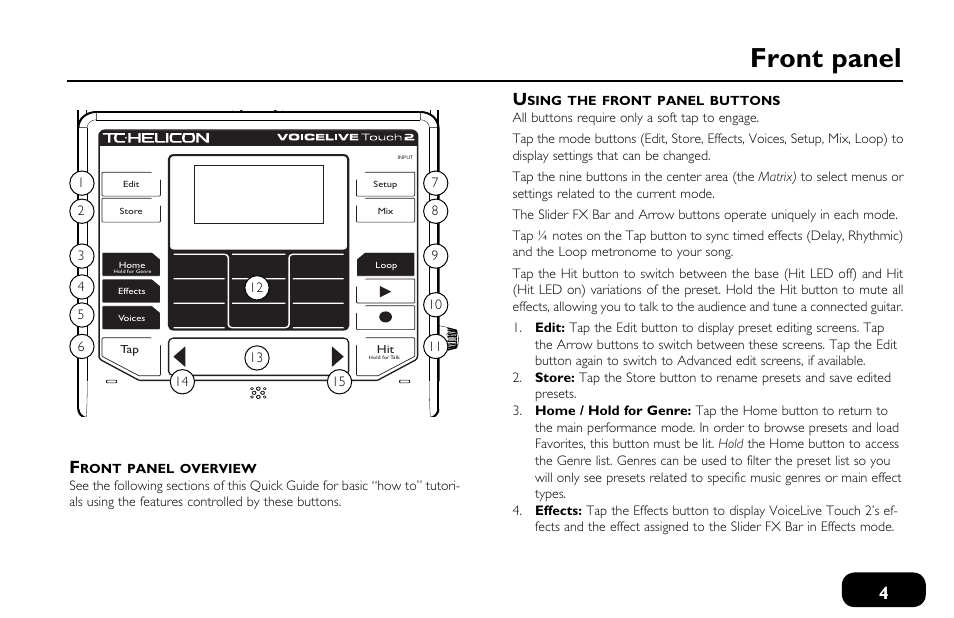 Front panel overview, Using the front panel buttons, Front panel overview using the front panel buttons | Front panel | TC-Helicon VoiceLive Touch 2 Quick Guide User Manual | Page 7 / 17