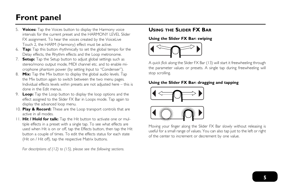 Using the slider fx bar, Front panel | TC-Helicon VoiceLive Touch 2 Quick Guide User Manual | Page 8 / 17