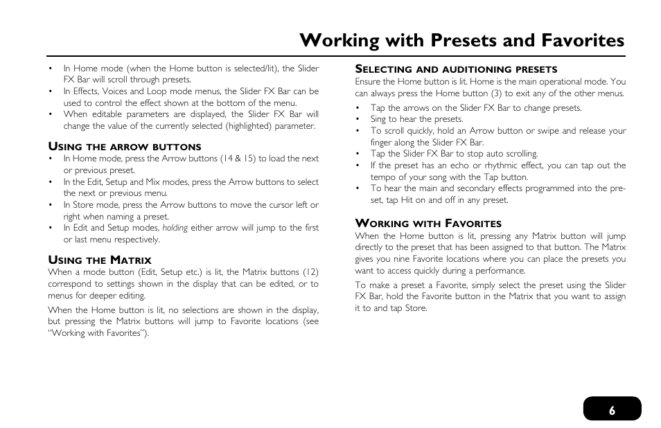 Using the arrow buttons, Using the matrix, Selecting and auditioning presets | Working with favorites, Working with presets and favorites | TC-Helicon VoiceLive Touch 2 Quick Guide User Manual | Page 9 / 17