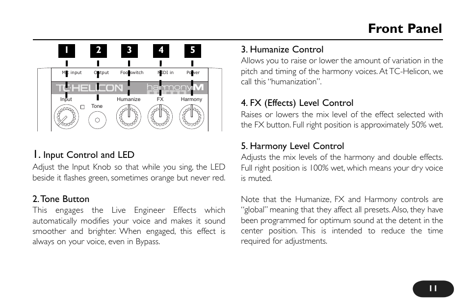 Front panel | TC-Helicon VoiceTone Harmony-M Manual User Manual | Page 11 / 28