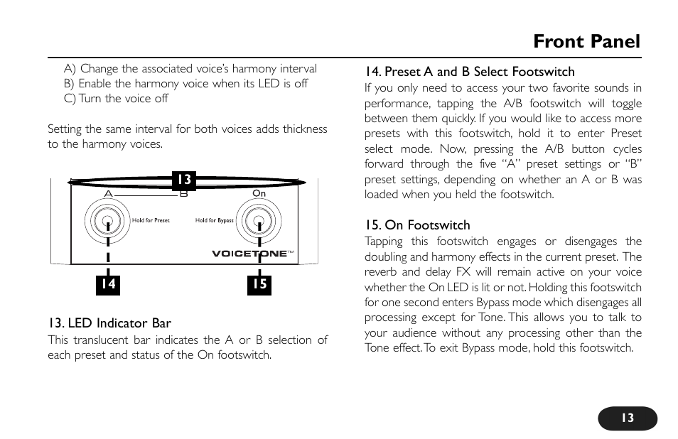 Front panel | TC-Helicon VoiceTone Harmony-M Manual User Manual | Page 13 / 28