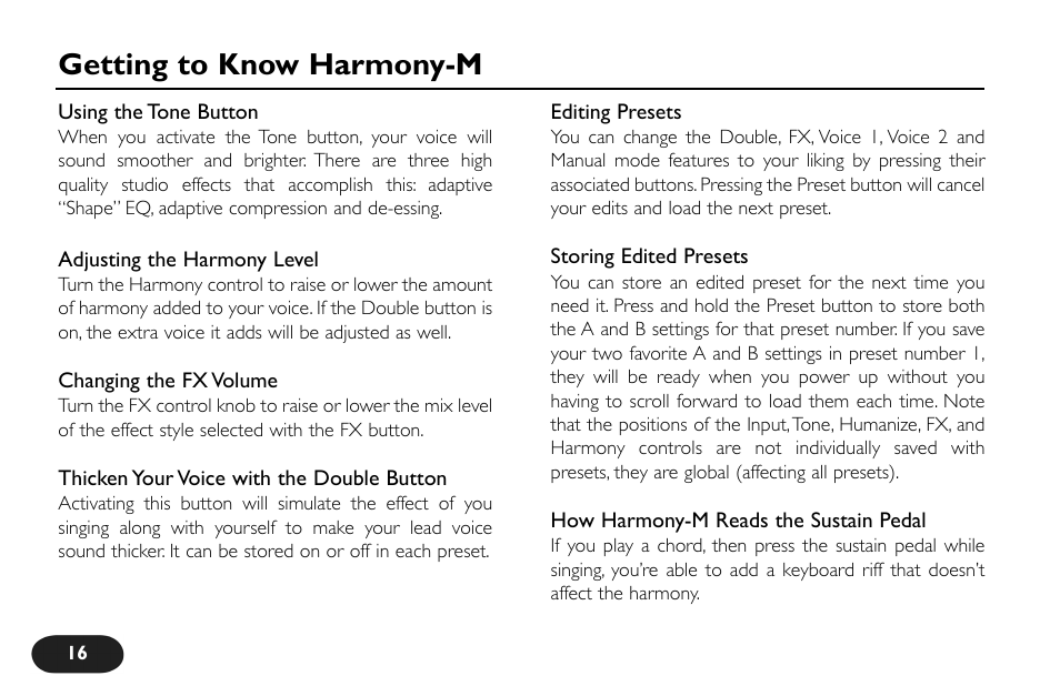 Getting to know harmony-m | TC-Helicon VoiceTone Harmony-M Manual User Manual | Page 16 / 28