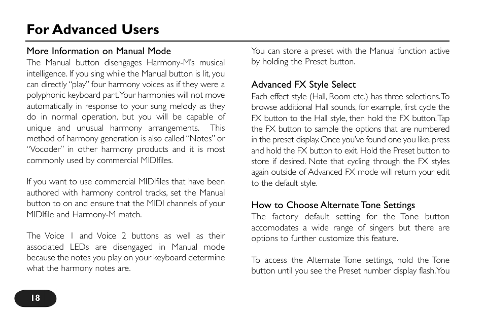 For advanced users | TC-Helicon VoiceTone Harmony-M Manual User Manual | Page 18 / 28