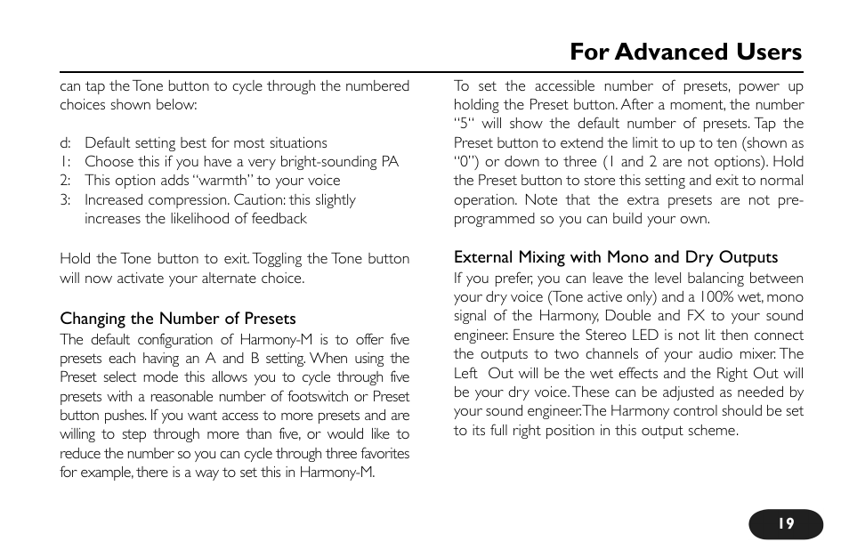 For advanced users | TC-Helicon VoiceTone Harmony-M Manual User Manual | Page 19 / 28