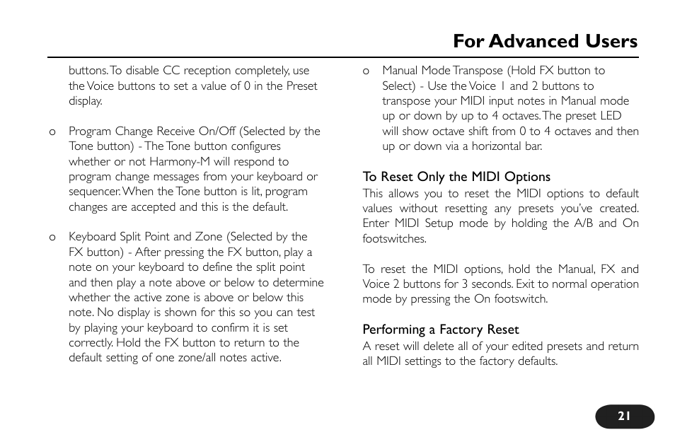 For advanced users | TC-Helicon VoiceTone Harmony-M Manual User Manual | Page 21 / 28