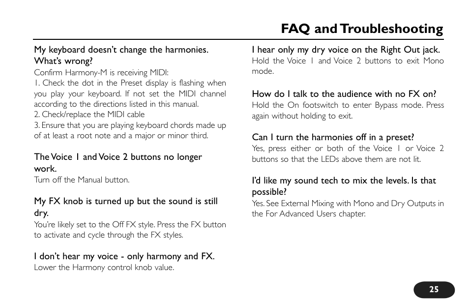 Faq and troubleshooting | TC-Helicon VoiceTone Harmony-M Manual User Manual | Page 25 / 28