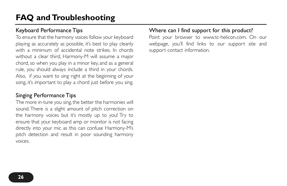 Faq and troubleshooting | TC-Helicon VoiceTone Harmony-M Manual User Manual | Page 26 / 28