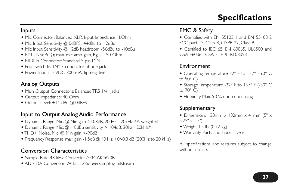 Specifications | TC-Helicon VoiceTone Harmony-M Manual User Manual | Page 27 / 28