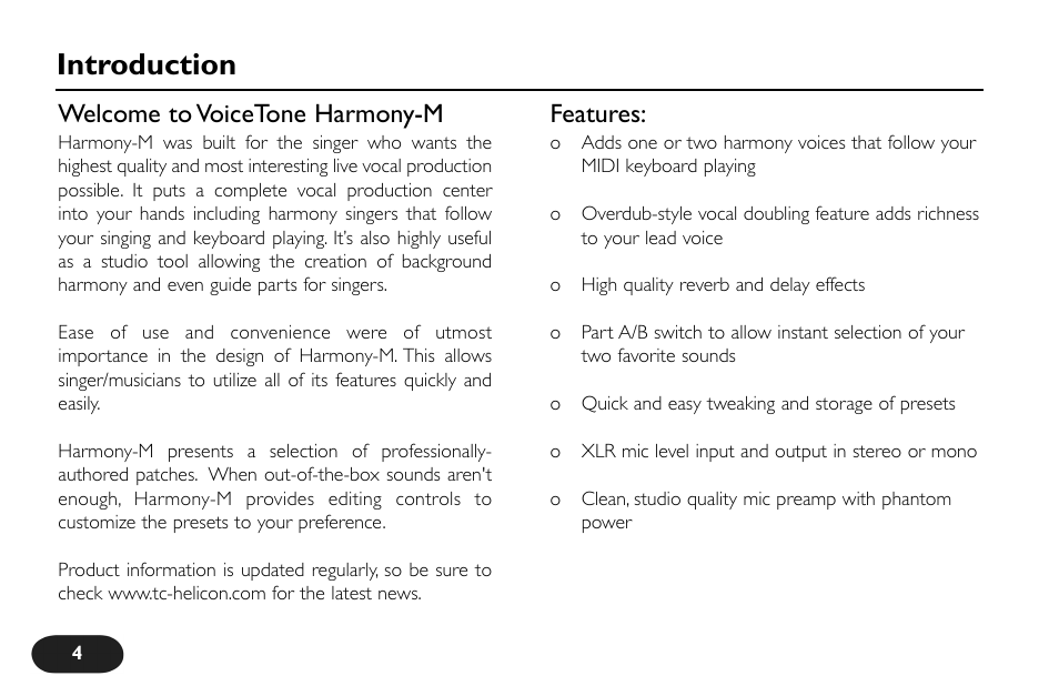 Introduction, Welcome to voicetone harmony-m, Features | TC-Helicon VoiceTone Harmony-M Manual User Manual | Page 4 / 28