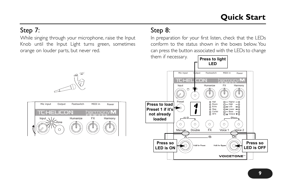 Quick start, Step 7, Step 8 | TC-Helicon VoiceTone Harmony-M Manual User Manual | Page 9 / 28