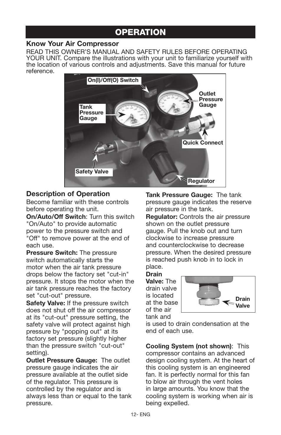 Operation, Description of operation, Know your air compressor | Craftsman 919.166442 User Manual | Page 12 / 44