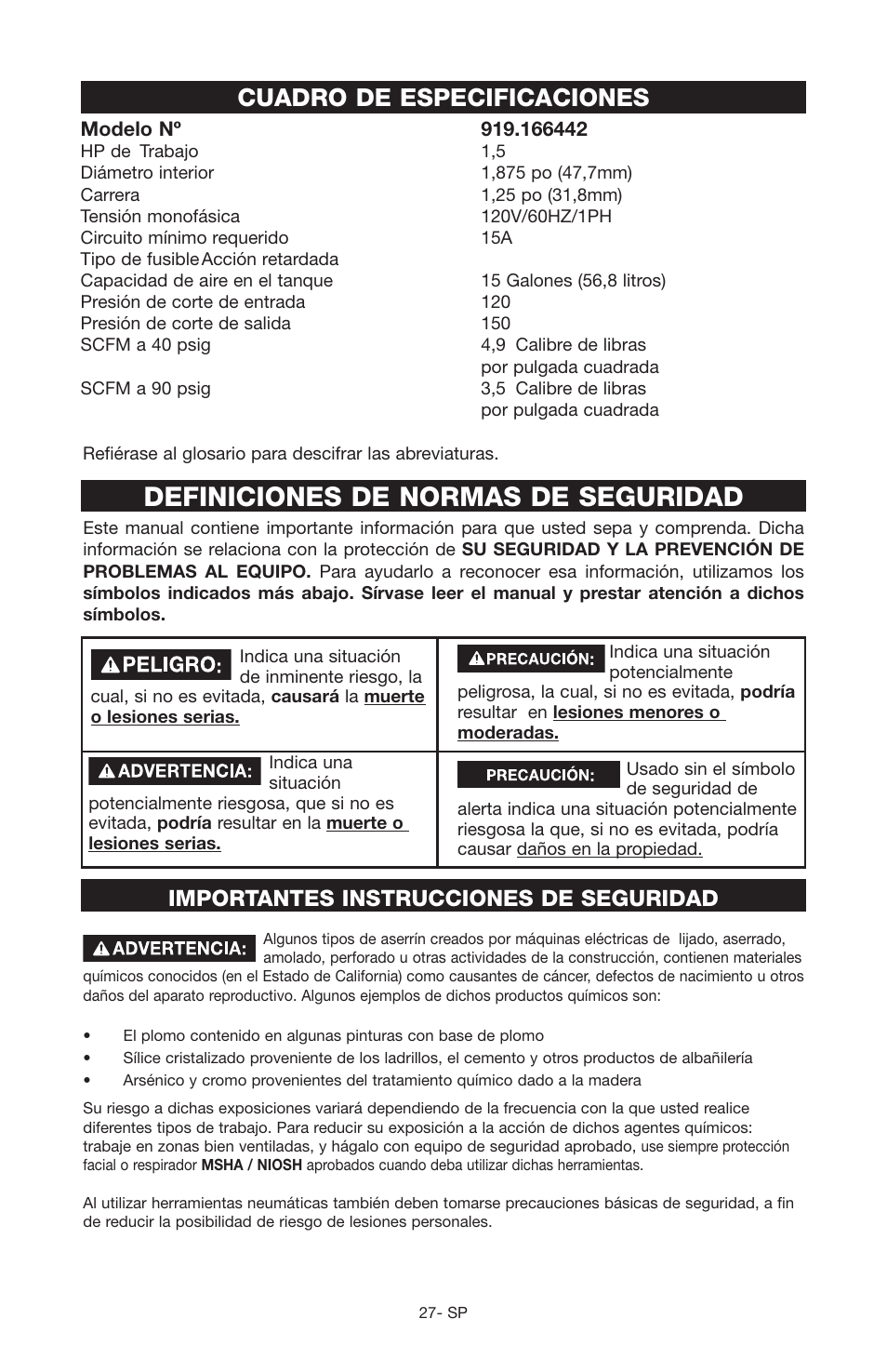 Definiciones de normas de seguridad, Cuadro de especificaciones, Importantes instrucciones de seguridad | Craftsman 919.166442 User Manual | Page 23 / 44