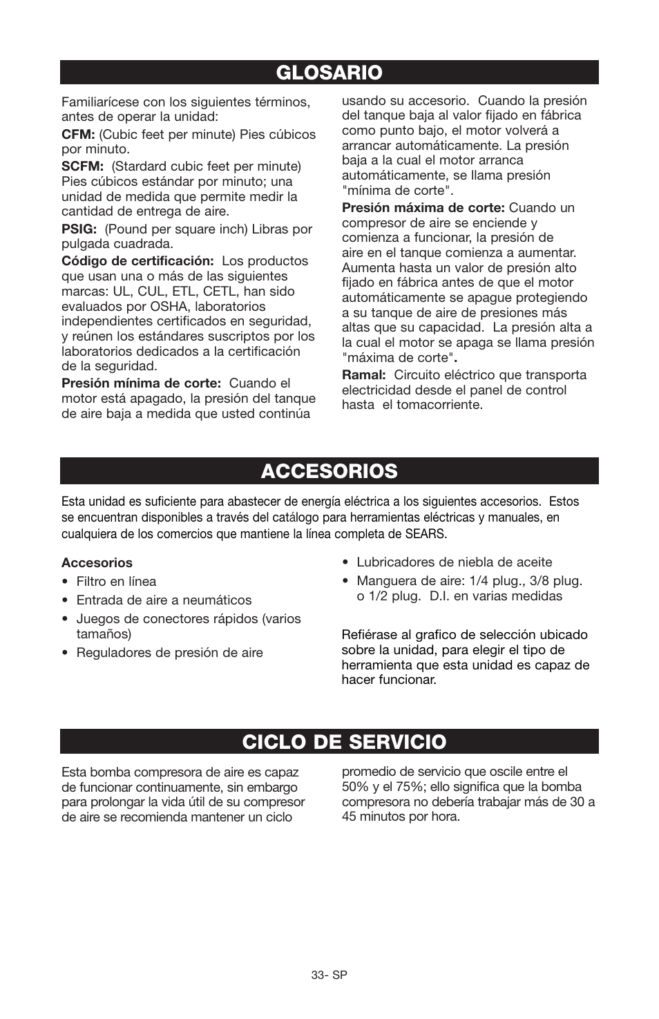 Accesorios, Glosario, Ciclo de servicio | Craftsman 919.166442 User Manual | Page 29 / 44