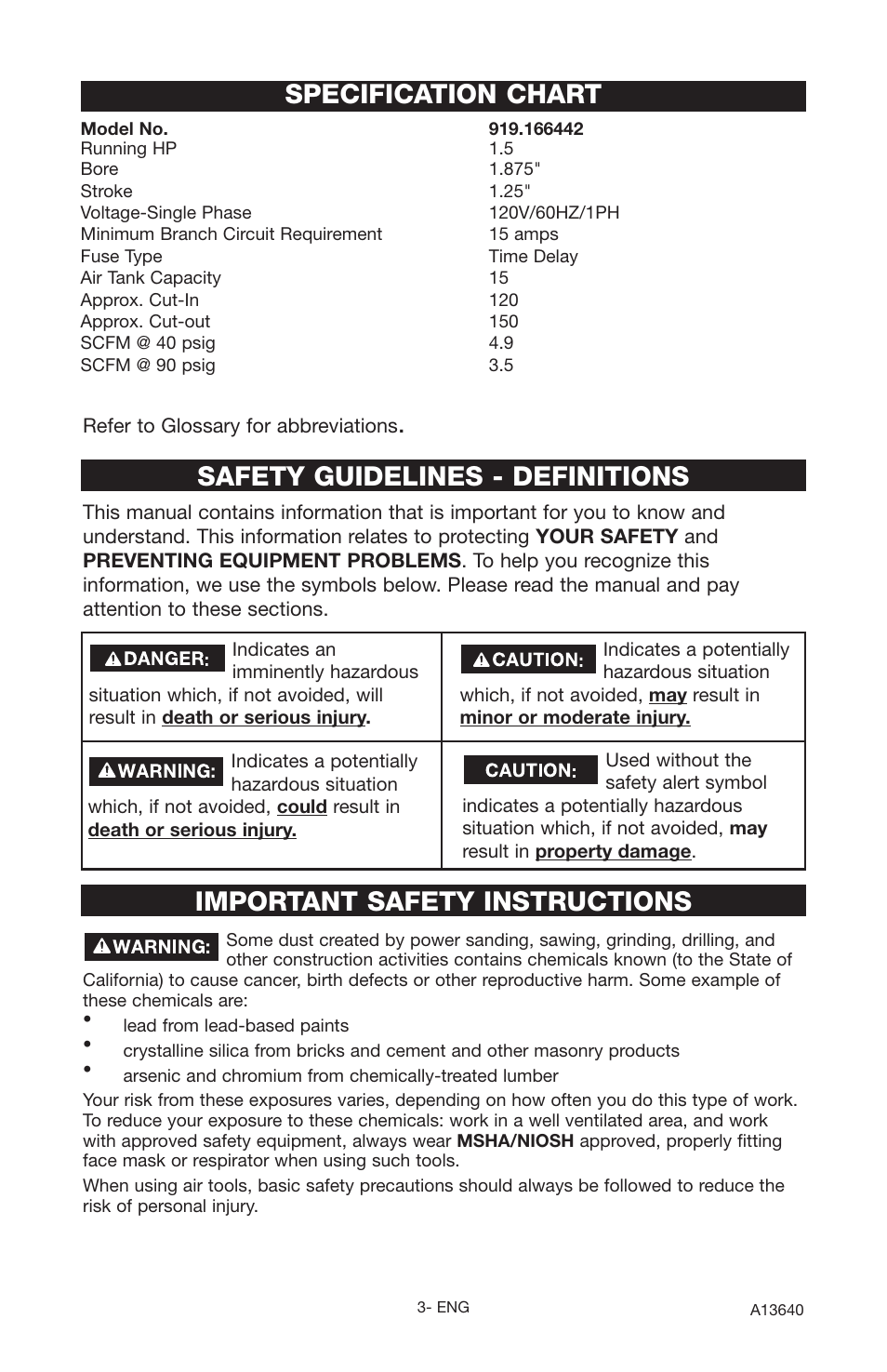 Specification chart, Important safety instructions, Safety guidelines - definitions | Craftsman 919.166442 User Manual | Page 3 / 44