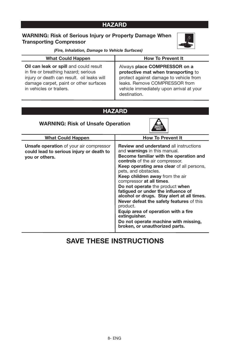 Save these instructions, Hazard | Craftsman 919.166442 User Manual | Page 8 / 44