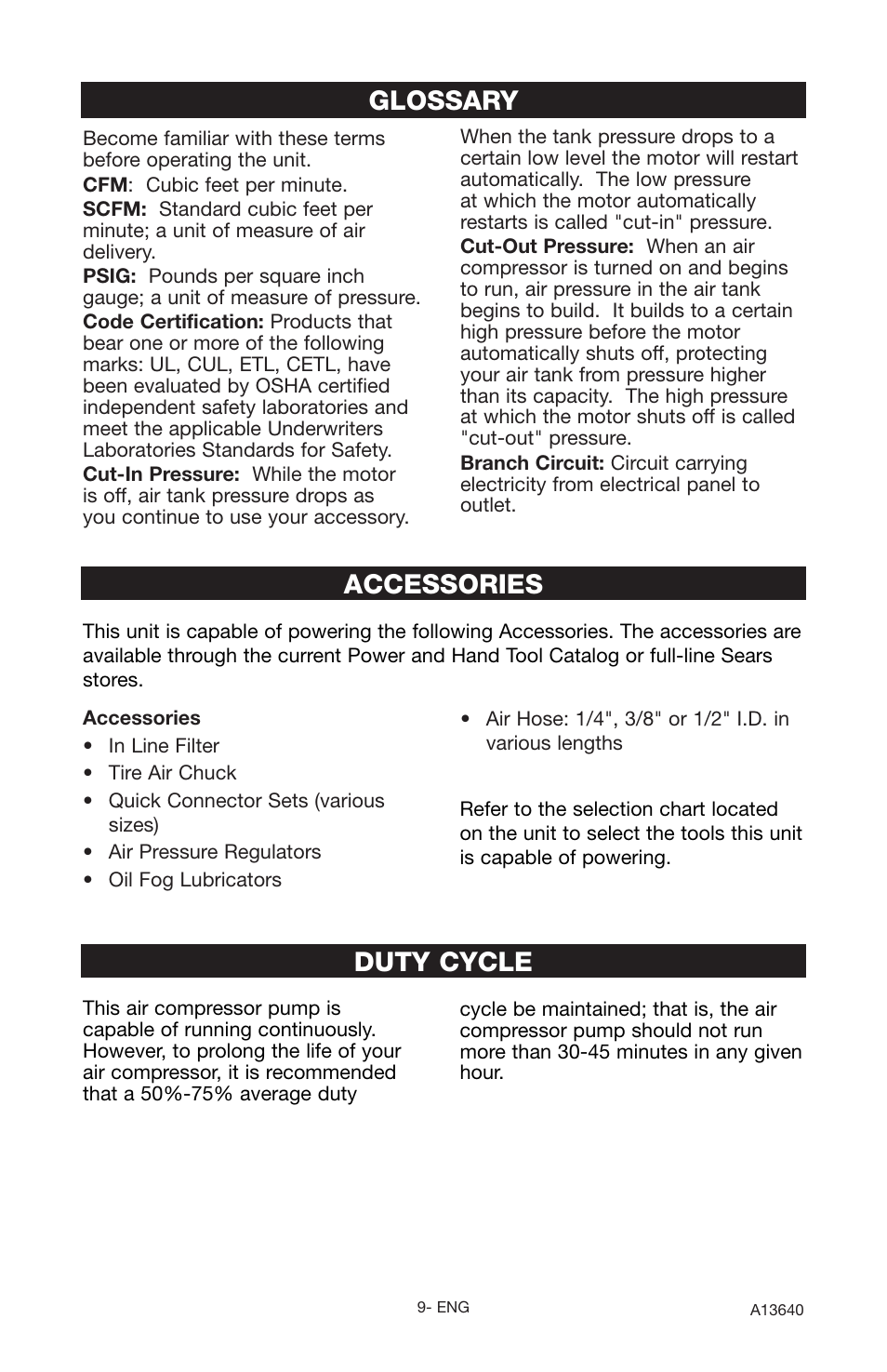 Accessories, Glossary, Duty cycle | Craftsman 919.166442 User Manual | Page 9 / 44