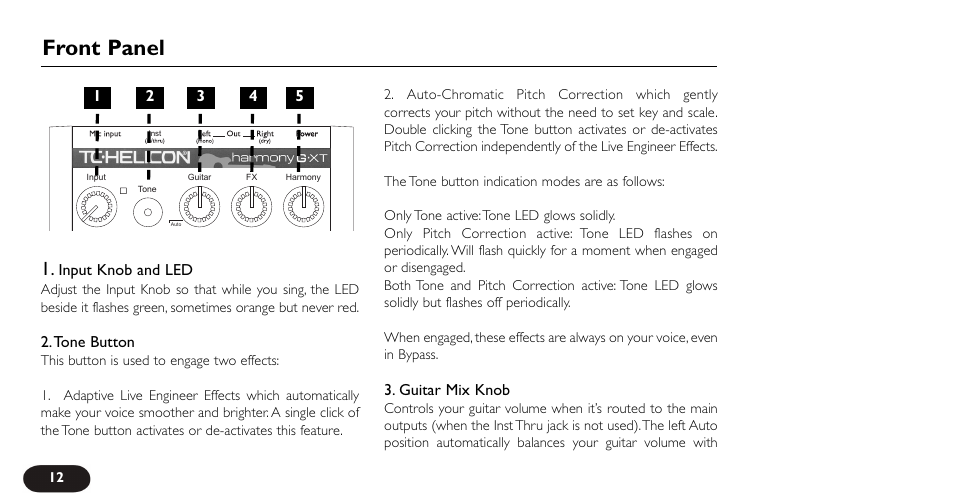 Front panel | TC-Helicon VoiceTone Harmony-G XT Manual User Manual | Page 12 / 30